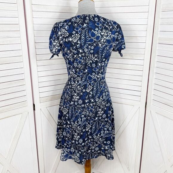 J. Crew Floral Faux Wrap Mini Skater Dress Blue Size 0 Ruffle Trim Short Sleeve - Picture 4 of 14